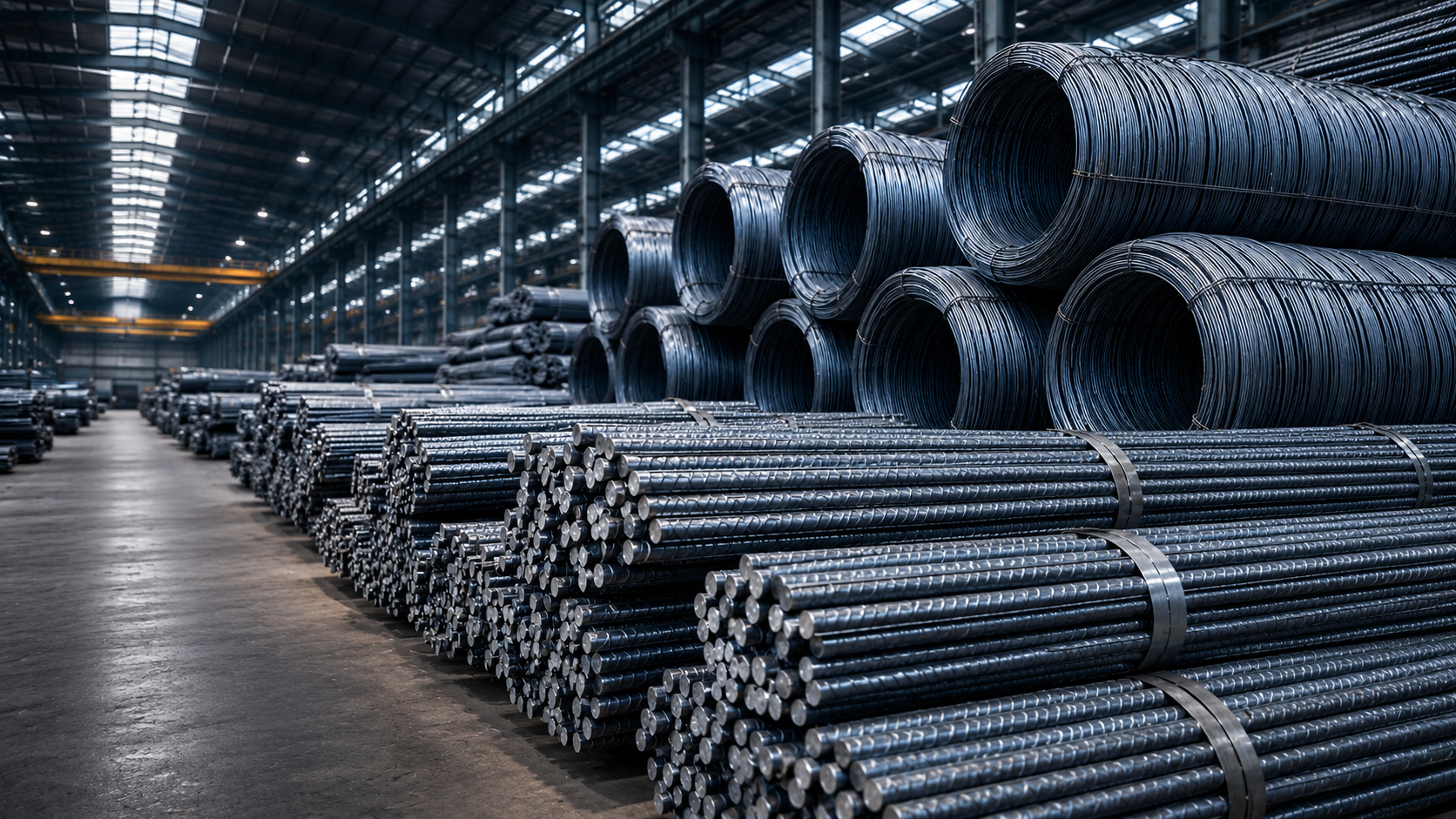 Industrial steel rebar warehouse with high-quality stock