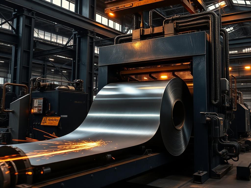 Automated steel decoiling machine in operation