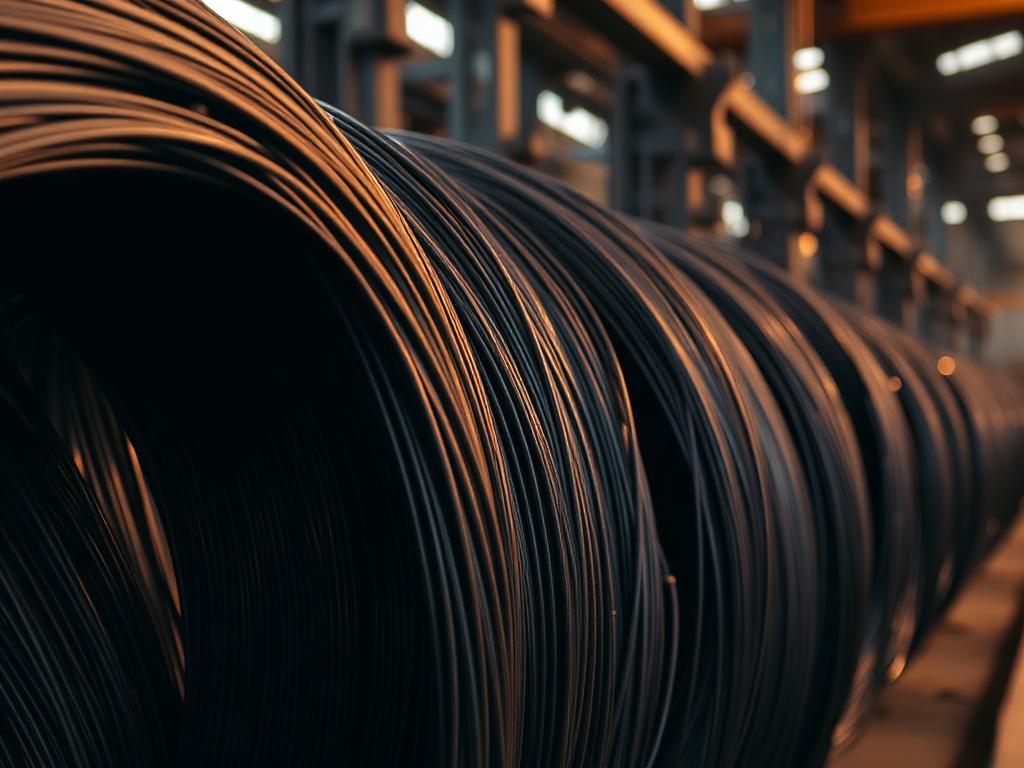 Industrial steel wire coils in a processing facility